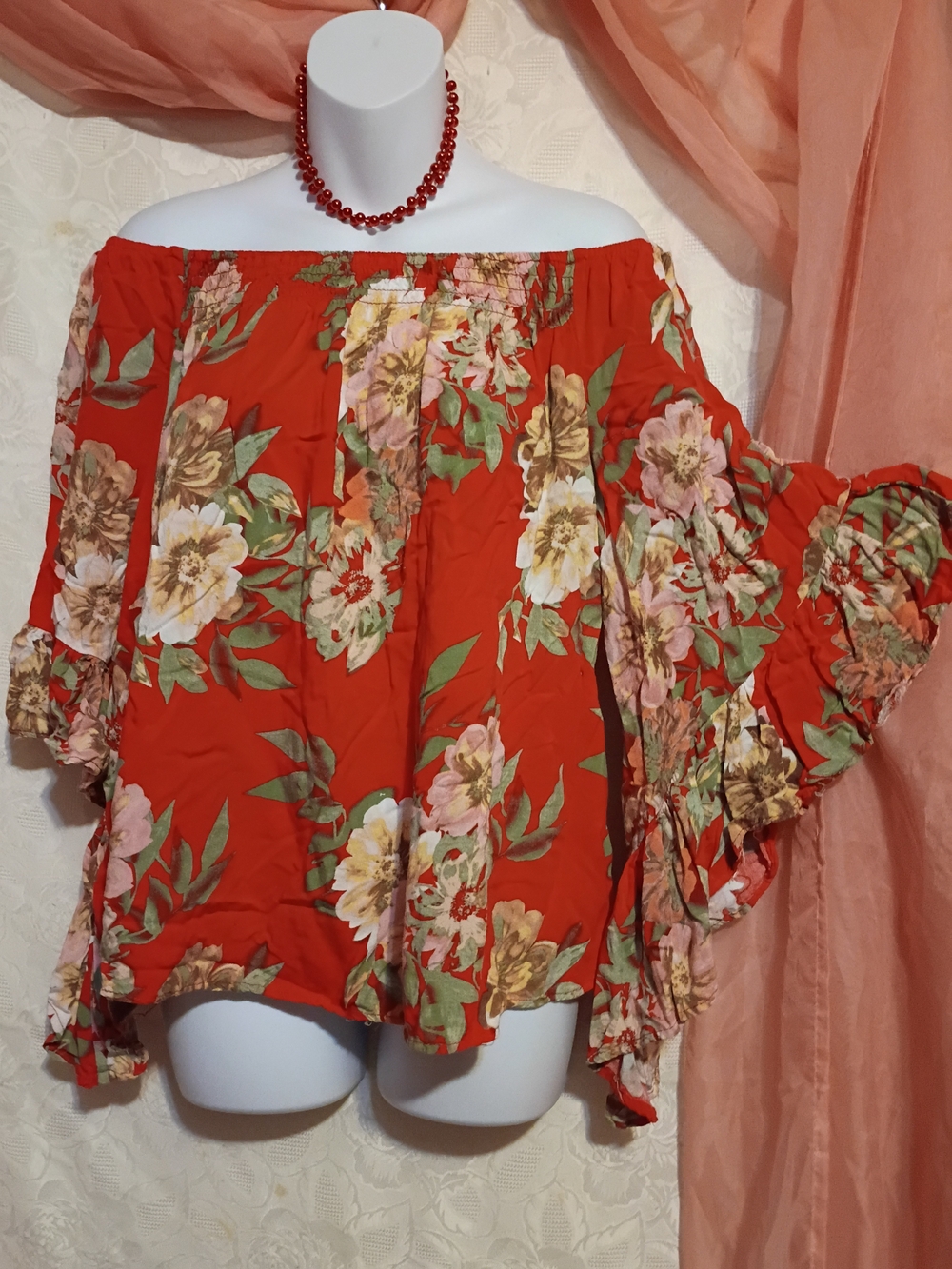 Unique Spectrum Ladies Red Floral Off-Shoulder Blouse Sz 1X